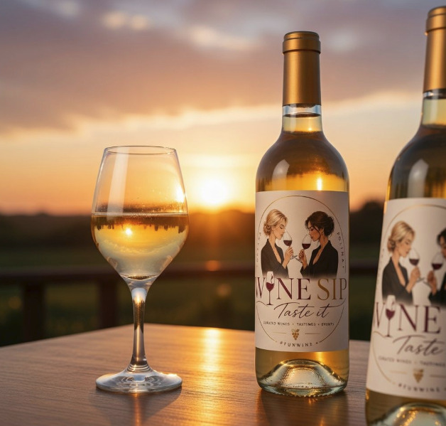 Weißweinflasche mit Wine-Sip-Etikett und gefülltem Glas vor Sonnenuntergang