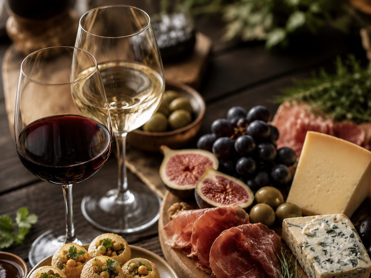 Glas Rot- und Weißwein neben einem Brett mit Käse, Feigen, Trauben, Oliven und Schinken