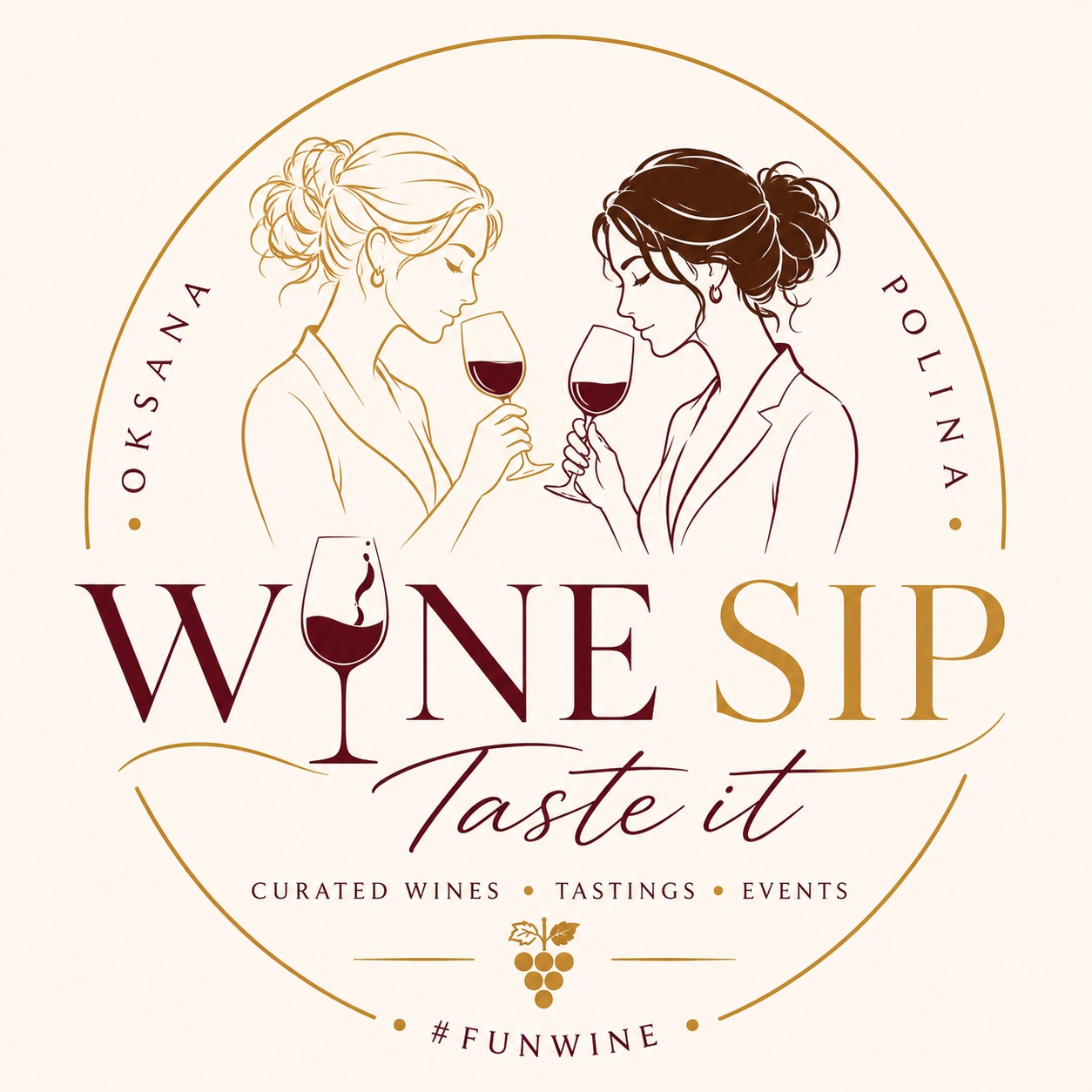 Logo von Wine Sip – Taste it: zwei Frauen, Oksana und Polina, stoßen mit Rotwein an